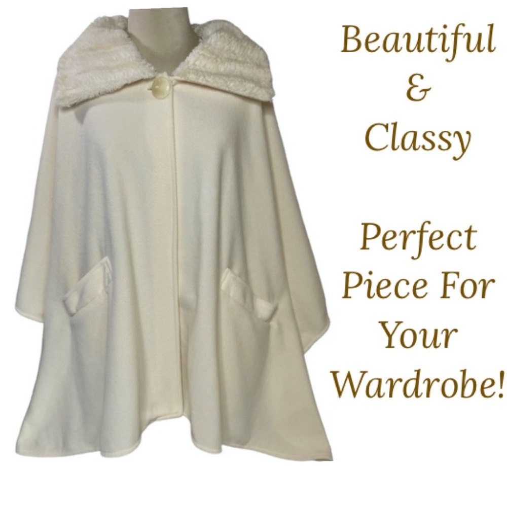 Luxury Cape Coat Fur Collar Button Shawl Wrap Winter White Ivory Whimsy Coquette